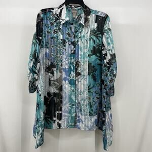 Chicos Size 1‎ Medium Asymmetrical Button Down Shirt Teal Blue Blouse Floral Top